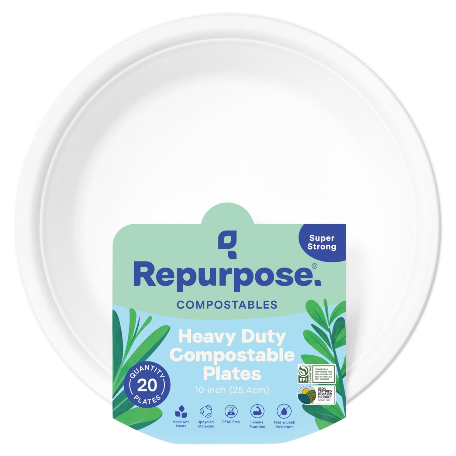 Repurpose 10 Inch Heavy Duty Compostable Plates, 20 count