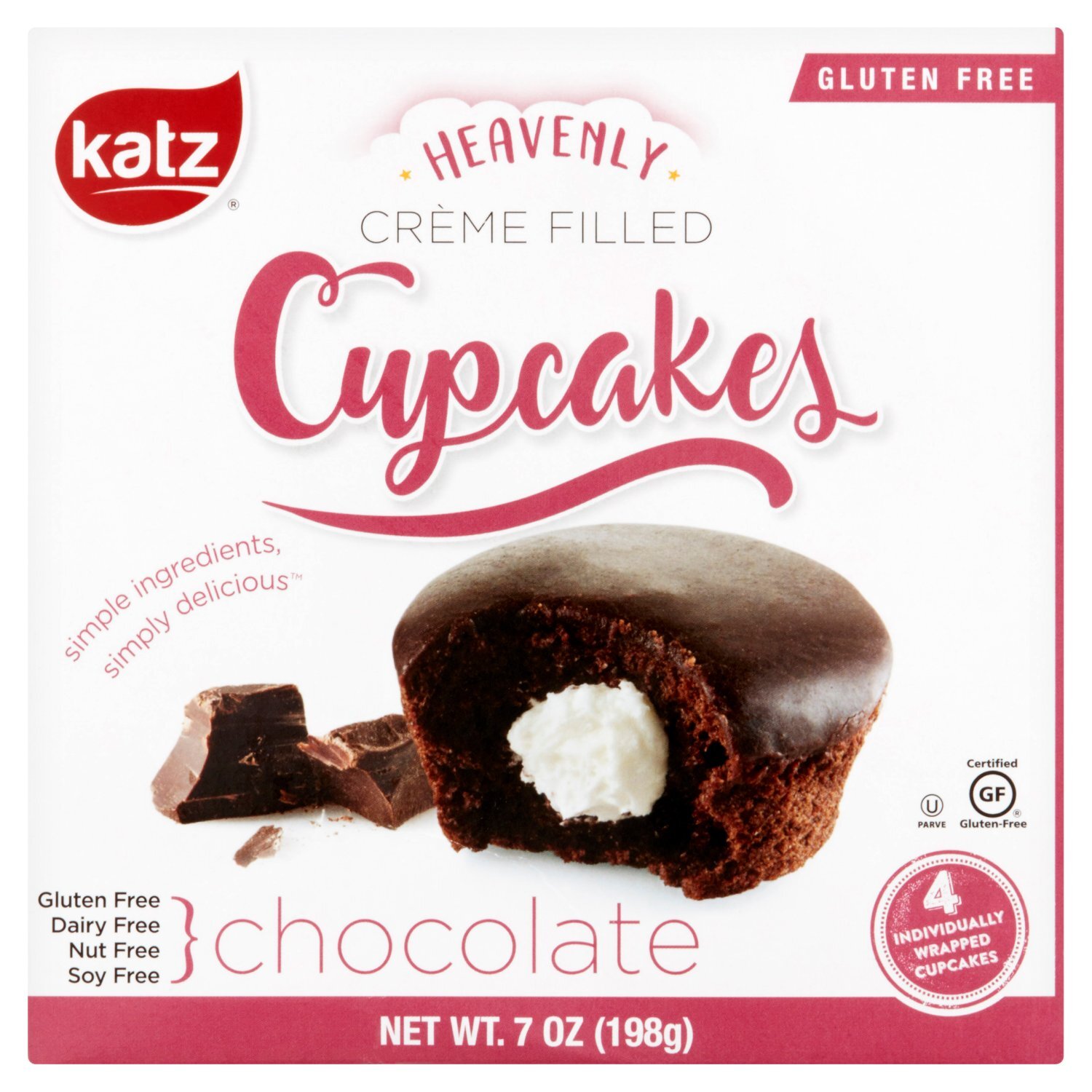 Katz Gluten Free Heavenly Crème Filled Chocolate Cupcakes, 4 count, 7 oz Image 1 of 5