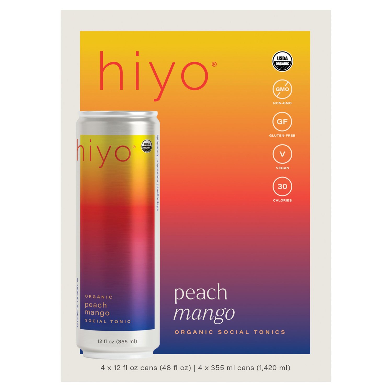 Hiyo Peach Mango Organic Social Tonics, 12 fl oz, 4 count Image 1 of 6